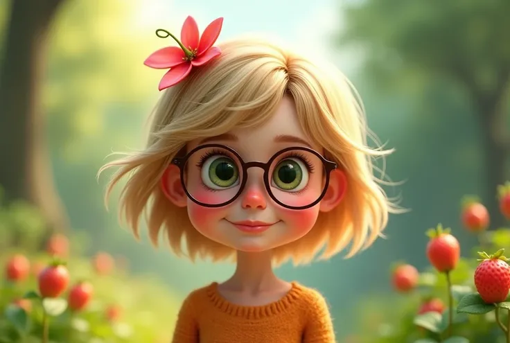  girl　Blonde　 short　Glasses　strawberry　flower