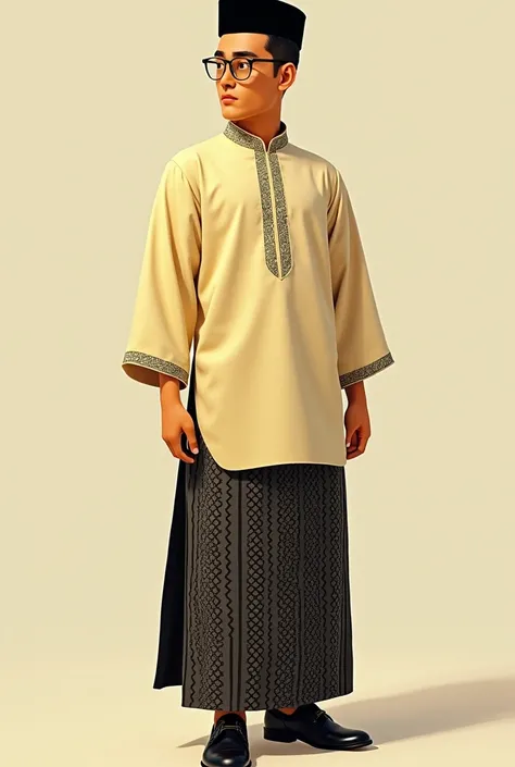 create a picture of animated painting-like man standing full body from head to toe, wearing a white yellow proper traditional malay baju melayu with black songkok, black pattern samping made of songket cloth, black leather shoes, looking slightly to the ri...