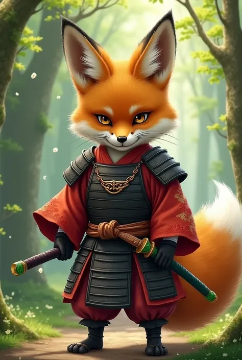 fox cub,  wearing samurai costumes wielding a sword with a green blade, With an imposing posture.