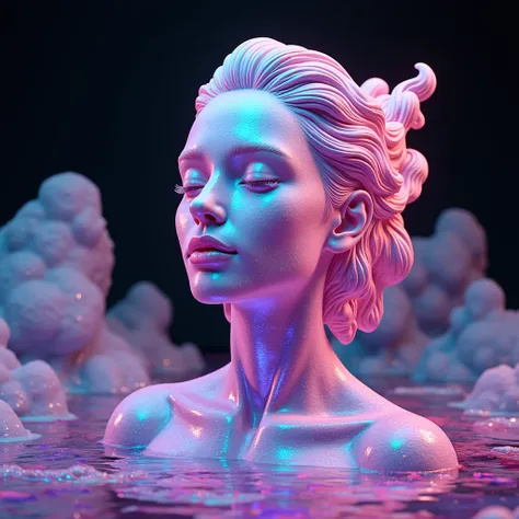 （very good，Realistic：1.37）， psychedelic abstract art ： a beautifully detailed goddess sculpture， made of colorful water ， highly detailed 3D rendering ， intricate detailed facial features ， glowing ethereal skin ，Ethereal expression， dramatic lighting ， br...