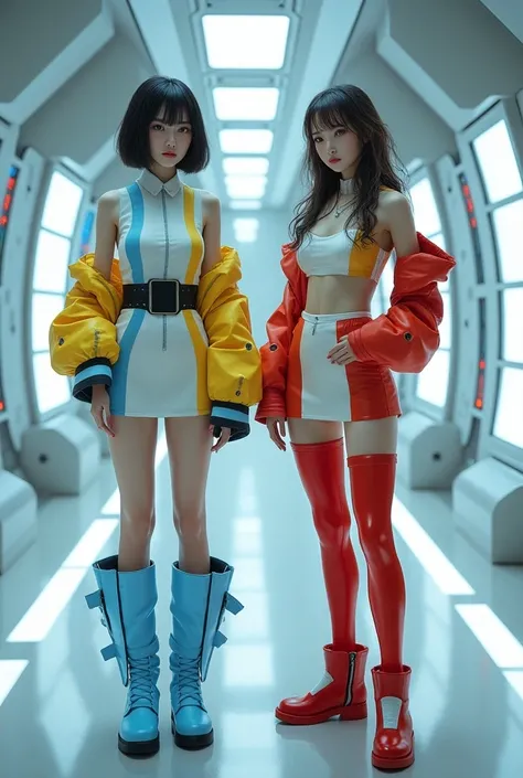  Two Japanese women on the left a Japanese woman short hair short white dress with light blue contour lines wide black belt wide yellow sleeves echarp light blue boots with light blue details on the right Japanese woman wavy hair short dress white belt red...