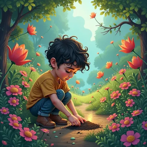 It illustrates a boy with dark curly hair planting a magic seed in a magical flower garden