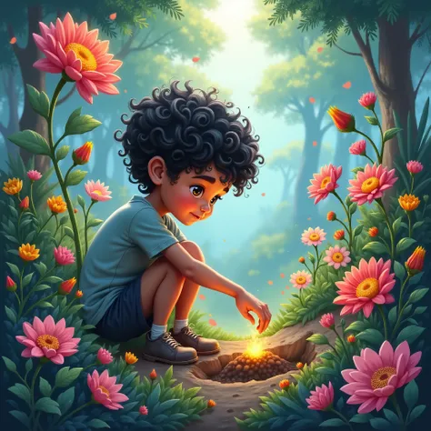 It illustrates a boy with dark curly hair planting a magic seed in a magical flower garden