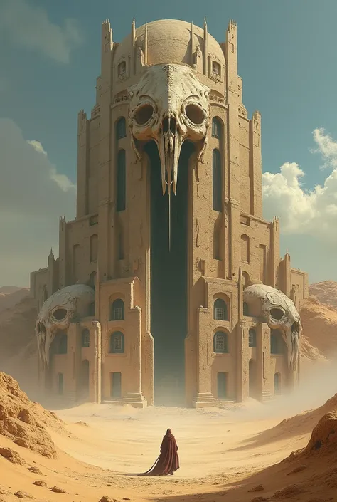 A wide shot of an enormous desert palace with animal skull carved into the walls, an ominous atmosphere, fantasy concept art in the style of Zdzisław Beksiński and H.R. Giger.
