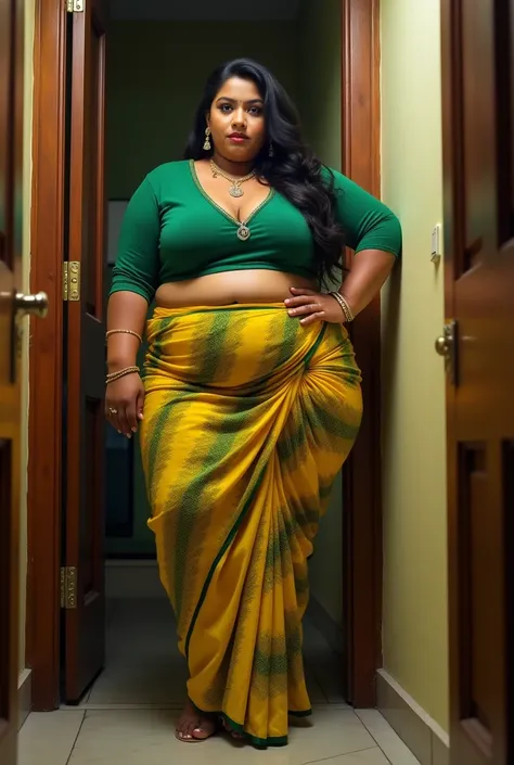 Indian extreme plus size BBW chubby fat busty dark skinned wide woman with large breast and large curvey figure and wide shoulder and long hair and wearing green deep neck tight fitting blouse with displaying cleavage and display navel and fat arm and wear...