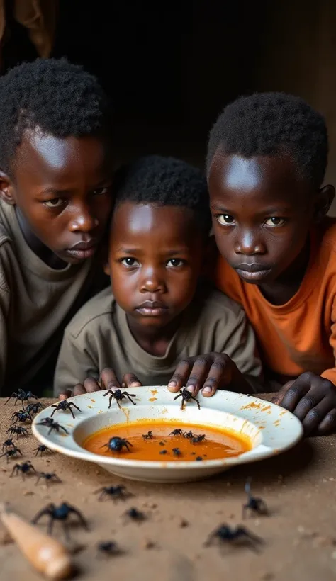  An African family with 3 ren looking at an empty food plate .  The eyes of these people are sad and deep because of the hunger they feel every day.  They are in a precarious place full of insects  (spiders, ants, cockroaches... ).  All this scenario serve...