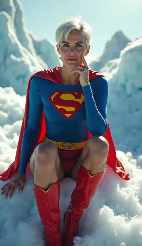 Old Supergirl Close-up; 1984 Supergirl film; Helen Slater sitting on an ethereal cloud, dynamic lighting, backlit, discreet Supergirl/ 50 years old (((Pixie cut Elegant hair; white hair))) Supergirl film full body frontal in a very cold place; icebergs; ve...