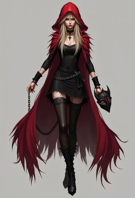 A character,  with a dark and mysterious look .  She has long, blond hair that falls under a frayed red hood,  part of a long and torn cape that adds a sense of movement . His eyes are piercing red, Conveying intensity and determination.  She wears a black...