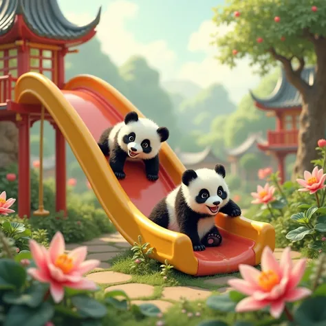 2 Baby panda, playing slide one by one, background china panda kingdom, round and round, swing, lily flowers of the village around, sunshine, romance style 