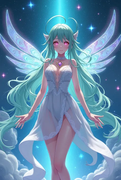 Vtuber Anime Girl. Andromeda-Idol-Diva theme. STARS CONSTELLATIONS SHAPED LIKE WINGS. GREEN TOSCA HAIR. Pink eyes.