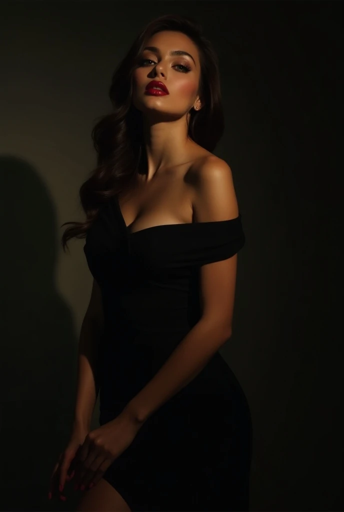 a sensual woman in a glamorous pose, elegant dress, dramatic lighting, cinematic composition, photographic, fashion, high contrast, cinematic colors, atmospheric, editorial style, dramatic lighting, beautiful detailed eyes, beautiful detailed lips, extreme...