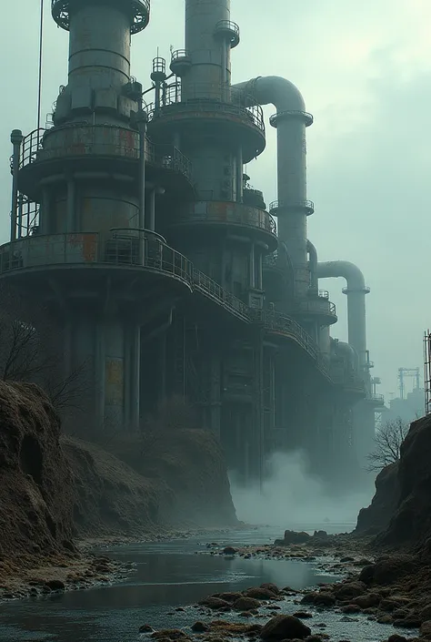 Photorealistic,  photorealism,  inside a a post Apocalyptic machine with gigantic valves and pipes gushing oil,  sci fi refinery, a dark river of liquid running down its sides