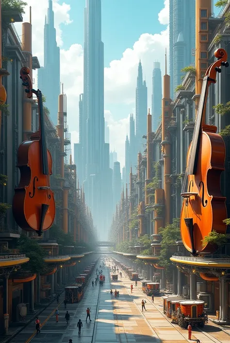 A modern city made of different musical instruments