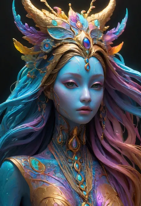 （very good，Realistic：1.37）， psychedelic abstract art ： a beautifully detailed goddess sculpture， made of colorful water ， highly detailed 3D rendering ， intricate detailed facial features ， glowing ethereal skin ，Ethereal expression， dramatic lighting ， br...