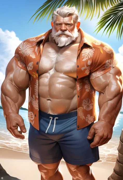 solo, 1boy, Muscular Old man, wide shoulder, pectoral, thick arms, huge pectoral, wide pectoral, beach, short white hair, detailed eyes, shorts, sweat, hawaiian shirt, open shirt, masterpiece, semirealistic:1.2, high detailed, 8k, high resolution