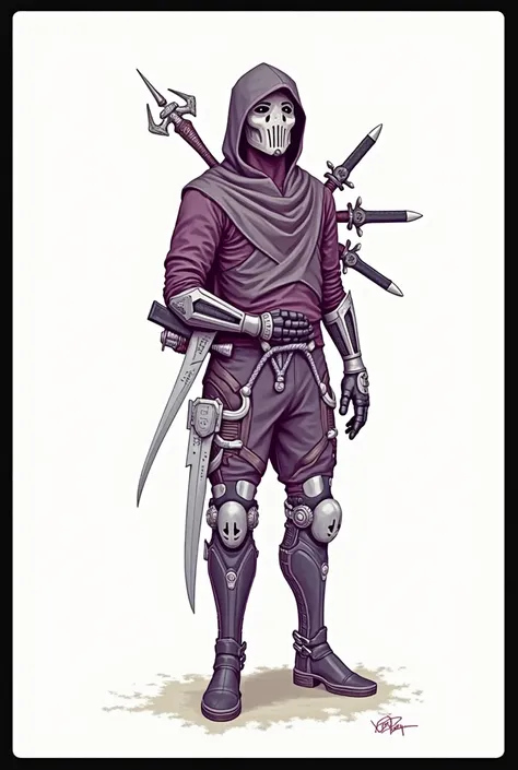 Make this character look like a real figure by respecting the original colors and the uniform made with blades and sharp metal parts. These are weapons that he carries attached to his arms and legs. The hood must remain hiding his identity in this mask wit...