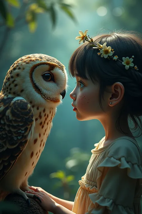 Image contain a perfect deep aesthetic backgroung with a girl and owl facing each other and fir girls further detail there is freckles on girls face