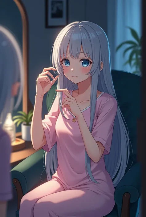 An 18-year-old anime girl with long gray hair and blue eyes wears a pink pajamas dress and sits on a chair in front of her hairstyle and looks at herself in the mirror and combs her hair in a bedroom at night 