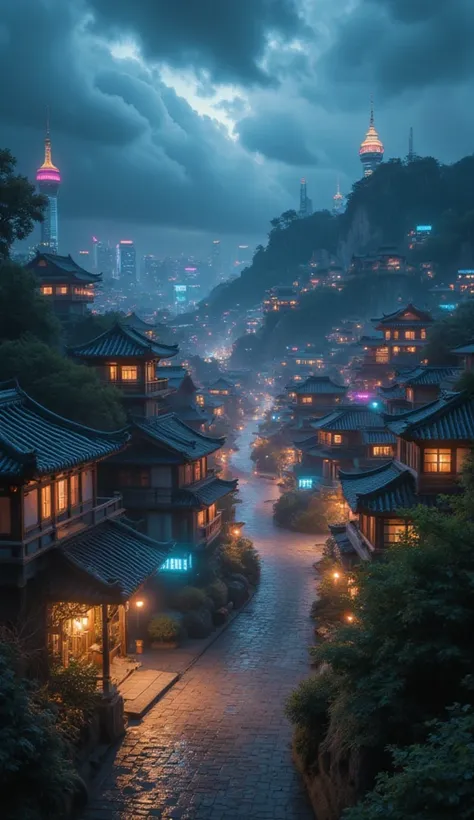 View of the village of Feder，a lot of Lights on the buildings，Dream Chinatown，china village，Awesome Wallpapers，Japanese Village，小さな町のシュールなphotograph，Old Asian Village，(The distant sky is covered with dark clouds)，Japanese cities，Raymond Han，Rainy night, Cy...