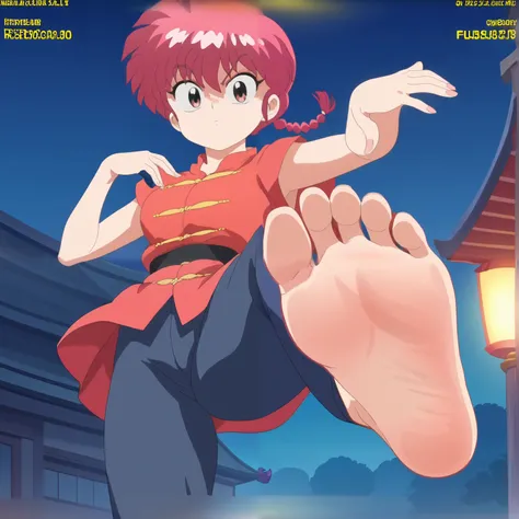 Score_9, score_8_up, source_anime, 1girl, female Ranma Saotome, big eyes, alone, looking at viewer, in the city, night, standing, cowboy shot, ANIME SCREENCAP, anime coloring, barefoot, perfect feet, anatomically correct, soles, low angle, focal length 35m...