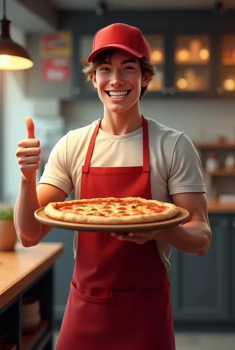 Restaurant service young  man holding pizza and smiling ..with a thumbs up (realistic).. red cap and red apron..full body shown