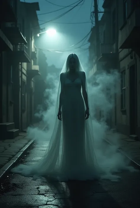 The dark street and a ghost woman appears