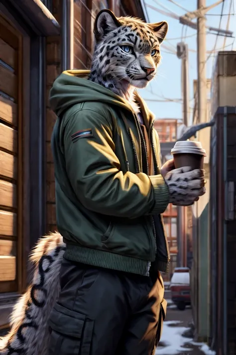 snow leopard、Fluffy、Big tail、Big grey eyes 、Square、 black hoodie、 cargo pants with dowels 、Coffee on the right、cool、Super detailed、8k