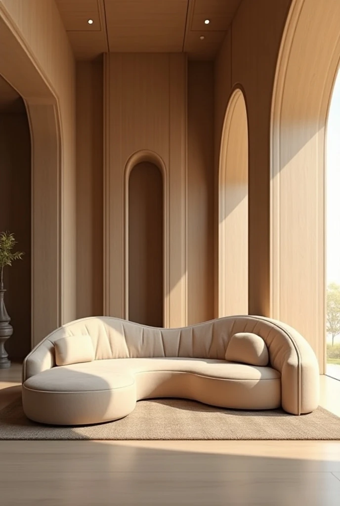 Star wars inspired, futuristic design, a large cozy futuristic beige velvet sofa, detailed wooden architectural elements, minimalist modern interior, star wars inspired design, professional 3D architectural rendering, 8k, high resolution, photorealistic, h...