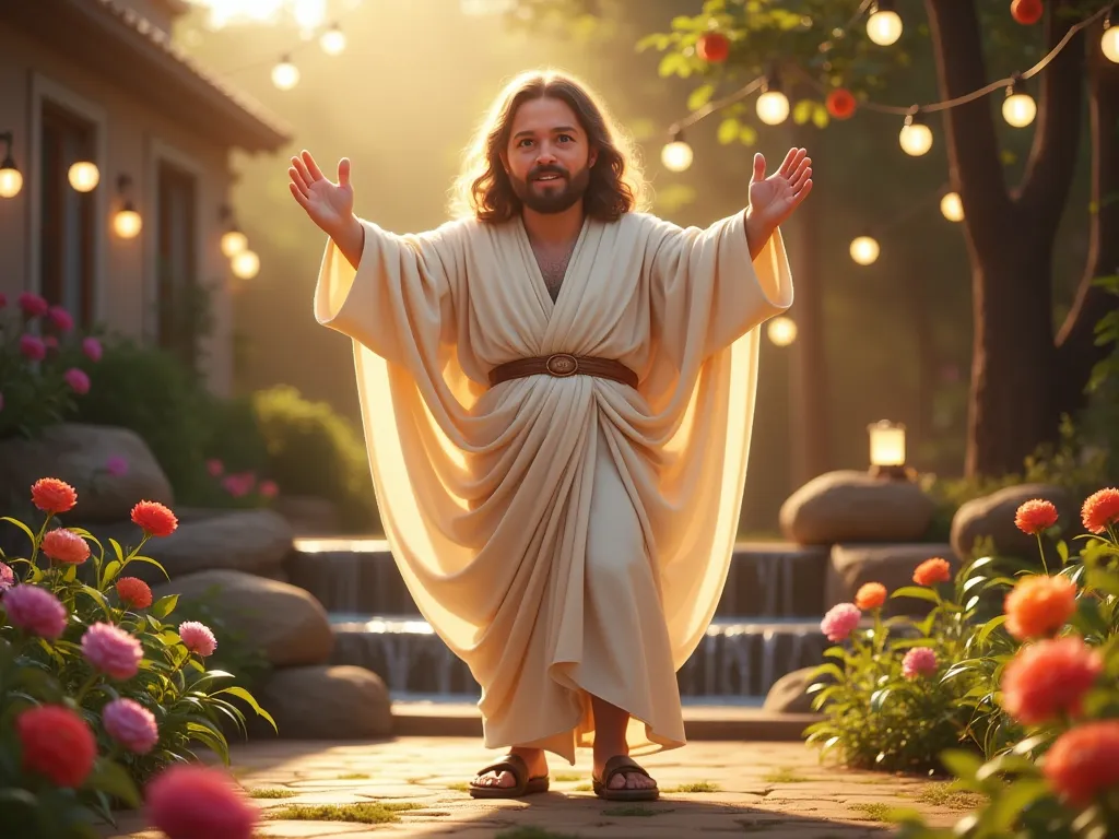 3d, disney pixar style,  ** visualize an extraordinary scene , where jesus christ ,  with an aura of peace and love ,
 is before...