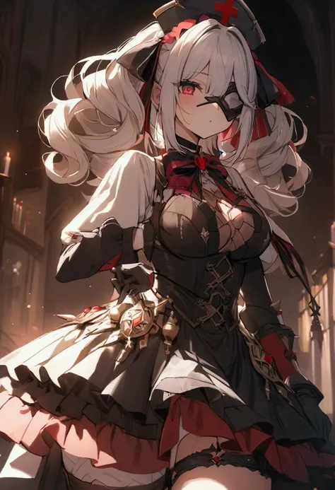 Anime Girl，Gorgeous skirt，Gloves，curls，Exquisite dress，Bow，Ruffles，Ribbon，bandage，Nurse style， Huge Syringe，pill，Red Cross ， Unilateral Eye Mask ，love decoration，Subculture， morbid ，bloody，lol，Avant-garde and innovative costume design