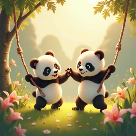 2 Baby panda, playing round and round, background panda kingdom, swing, lily flowers of the village around, sunshine, romance style 