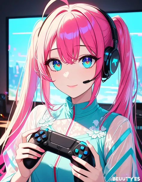 Beautiful girl wearing headset and holding Playstation 5 game controller in both hands while watching TV screen and playing game in game room,

hatsuneMiku, Miku Hatsune, ahoge, aqua eyes, aqua hair, crossed bangs, hair between eyes, hair ornament,long hai...