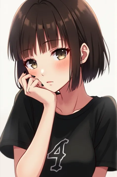 pretty woman wearing black tshirt with number, with short straight brown hair and bangs, head tilted to the left while chin resting on her left palm, fingers have black nail polish