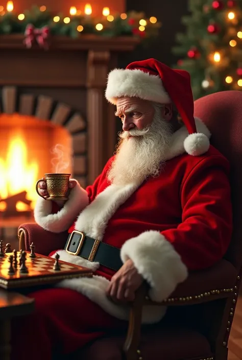 Santa Claus drinking cocoa tea and playing chess in front of a fireplace in a Christmas wooden house