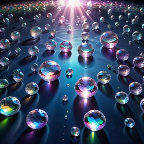  Glass aquariums floating in the air , the water in them bubbles ,  the glare of the sun on the edges , iridescent play,  the bliss of a multitude of diamonds ,  crystal balls lie on the floor and cast a shadow from the bright light,  high resolution,  Ult...