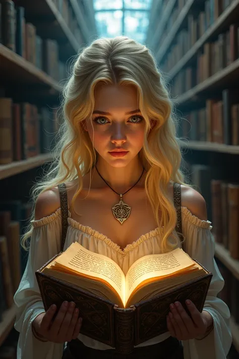 Sur 2 pages: Blonde woman Sui discovers a grimoir in a library 