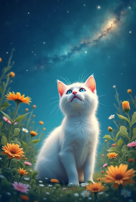 A whimsical, dreamlike scene of a serene white cat gazing upwards with bright blue eyes, set amidst a lush tapestry of greenery and vibrant flowers, beneath a star-studded celestial canvas that shimmers with a soft, ethereal glow, evoking a sense of enchan...