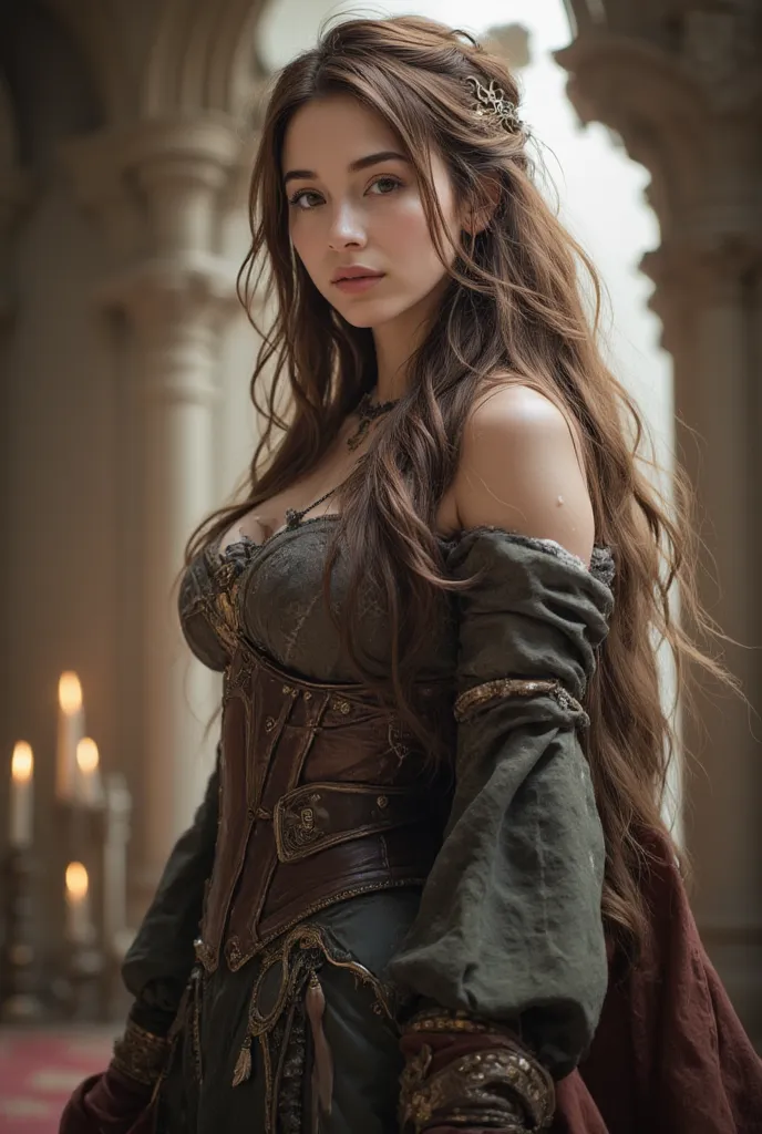 beautiful girl in symphonic metal ballad style. standing in the castle room