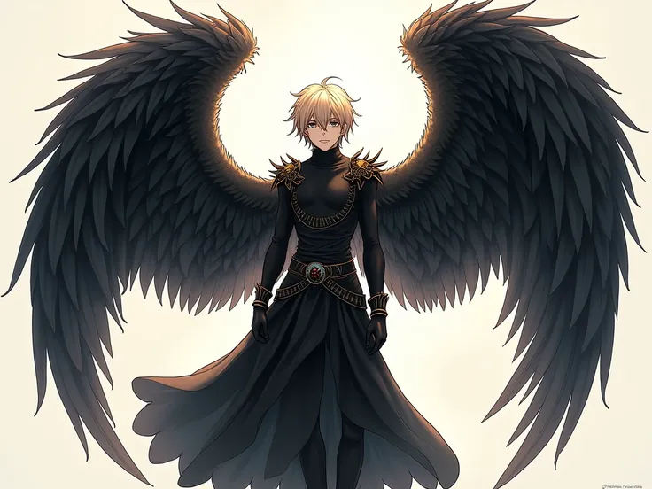 anime character winged and a black outfit, winged human, winged boy, winged grandes,  black wings instead of arms ,  Archangel ,  exquisite and highly detailed fanart , art of fan, Gilded laments, concepto de cuerpo completo, huge feathered wings , arte co...