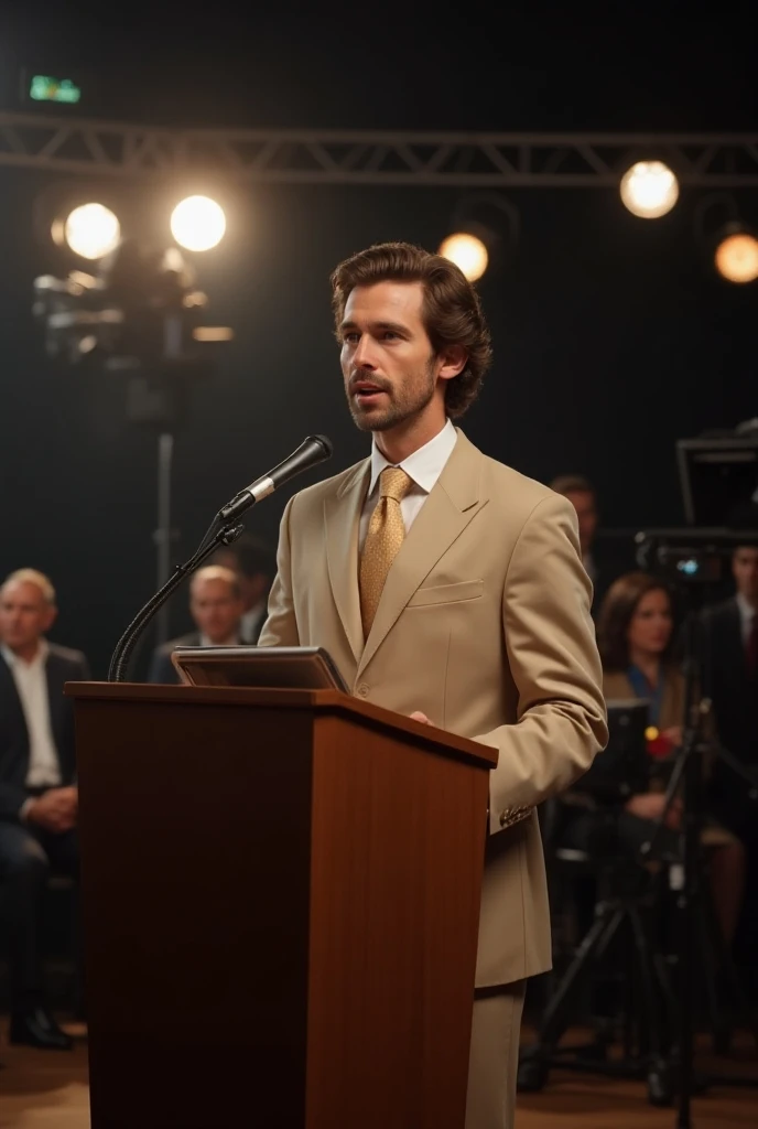 Man with brown wavy hair, shaved, costume beige, beige tie speaks into a microphone on the stage of a tv studio.