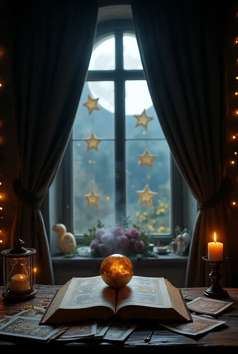 displayed on the window, outside the window is the moon, magic curtains on both sides, floating tarot cards and golden stars, mystical magic style, decorated with golden stars, a ghost ball Big magic in the center and spread out tarot cards, hourglass and ...