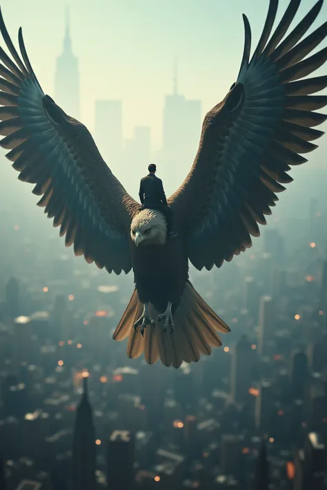 Imagine a gigantic eagle, its wings cover the city, and on top of it there is a man mounted, ultra detailed, 8k, cinematographic