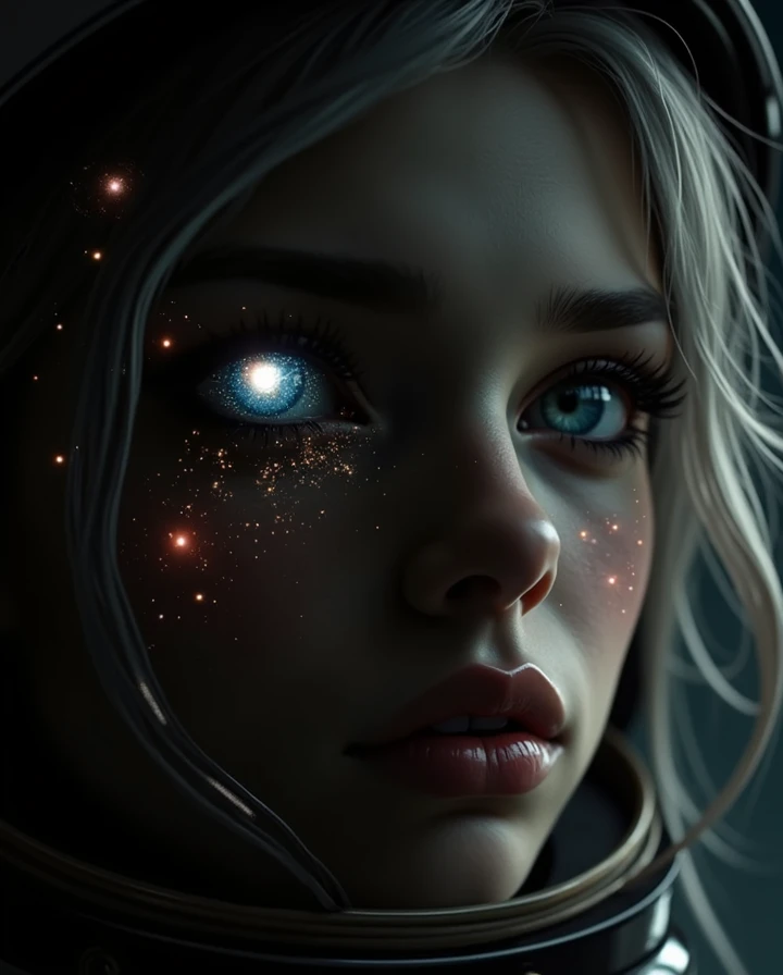 ( Close-up of a Better Masterpiece: 1.5) 0.9], (Space and astronauts: 1.2) (Disheveled silver hair: 1.1) ( Heterochromia xanthochromia and blue eyes: 1.2) (space helmet: 1.0) ( colorful stars in the eyes : 1.0) (A radiant glow: 1.1) (thick lips: 0.9)