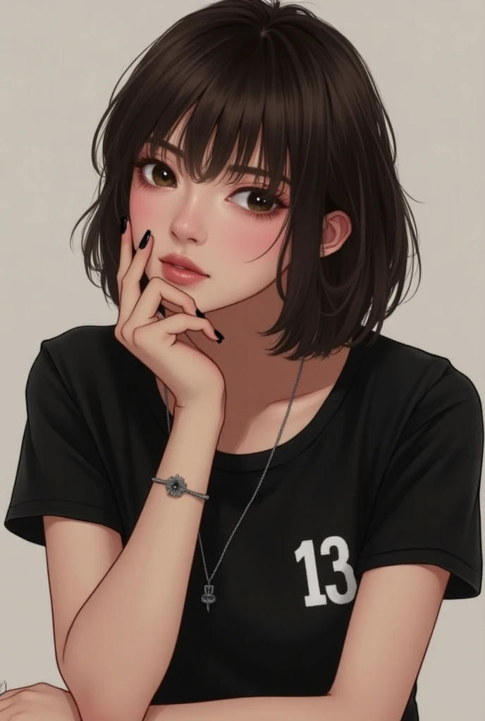 pretty woman wearing black tshirt with number, with short straight brown hair and bangs, head tilted to the left while chin resting on her left palm, fingers have black nail polish