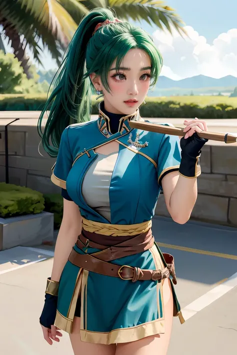 (masterpiece, best quality),  intricate details,
1girl,   lyn_(fire_emblem), 1girl, solo, ((green hair)), long hair, green eyes, high ponytail, blue dress, large breast, jewelry, fingerless gloves. hair ornament, lyn_(fire_emblem),
shooting range, arrow, b...