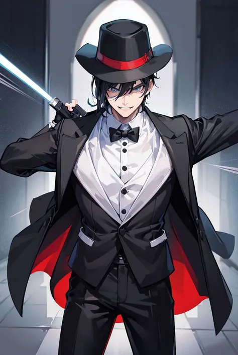 1boy, standing portrait, Central Focus, Centered, Fully in-frame, Solo, Standing still, zoomed out, pointing his gun at you

Gender: Male

Appearance: aiming his gun, black-haired Mafia boss boy with a black fedora wearing a crime boss tuxedo, evil smile, ...