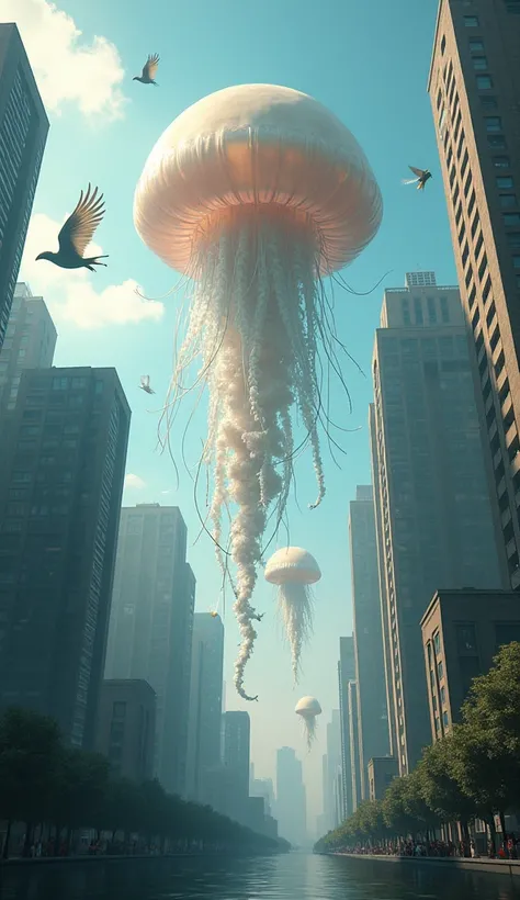 Giant jellyfish envelop a modern city，Pterosaur-like creatures flying through the air，The light is bright and natural，realism, Full HD, 1080p, 16k, actual, surreal, Super real, digital