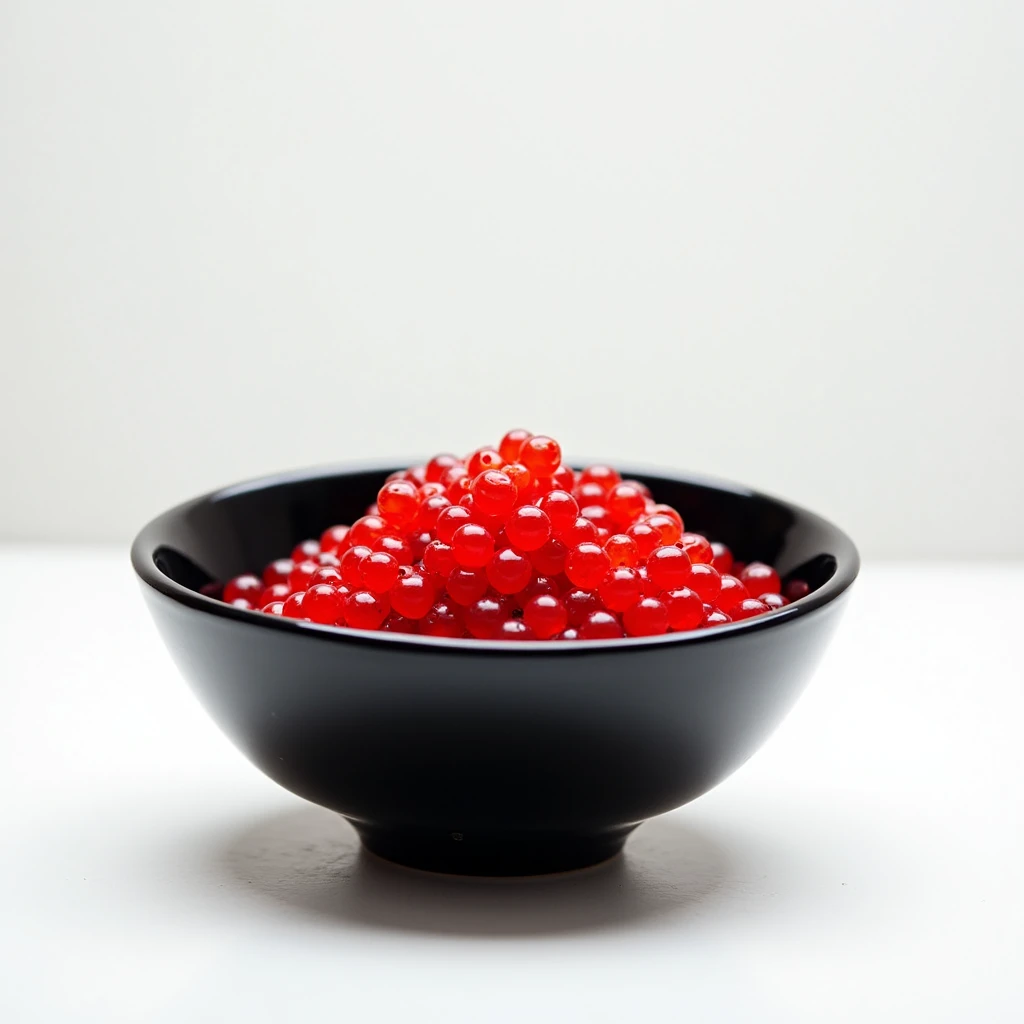 Black bowl with red caviar isolated on white background.