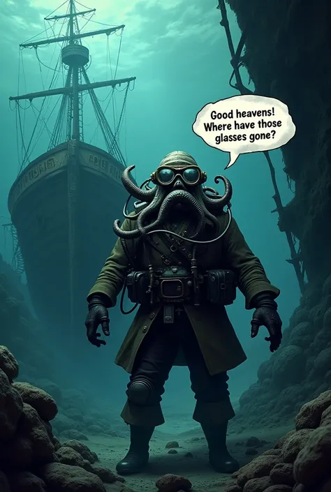 Davy jones en poulpe de pirates des caraïbes avec un gros et vieux sonotone sur l oreille droite en Scaphandrier fouillant dans les abysses, a cotés dun bateau polarcirkel coulé avec écrit dans une bulle: "NON DE DIEUX!!! Ou sont passé ces lunettes!?"
