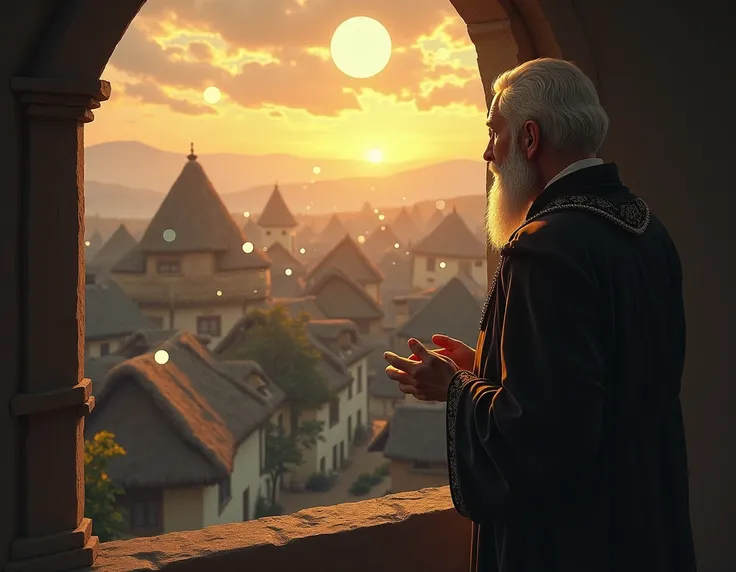 Make an illustration of a priest looking from the window of his house at orbs flying over a village emitting luminous lights over houses at dawn.